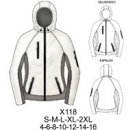 X118 - Molde de Chaqueta bitono con forro, capucha, cierre frontal, bolsillos de cierre, manga larga y bastas