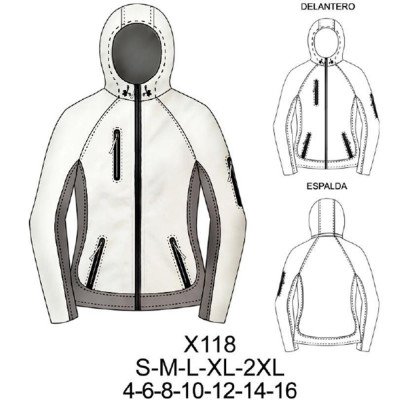 X118 - Molde de Chaqueta bitono con forro, capucha, cierre frontal, bolsillos de cierre, manga larga y bastas X118 - Molde de Chaqueta bitono con forro, capucha, cierre frontal, bolsillos de cierre, manga larga y bastas