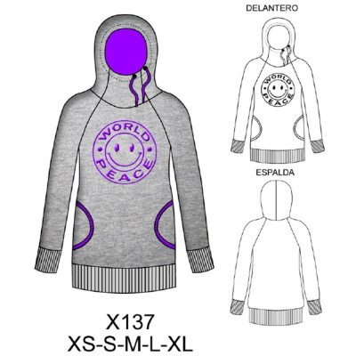 X137 - Molde de Polerón raglan con gorro y cuello alto, bolsillo envivado