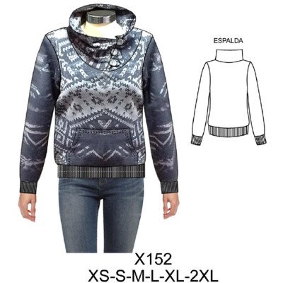 X152 - Molde de Polerón cuello alto con botones, quedando cuello fruncido