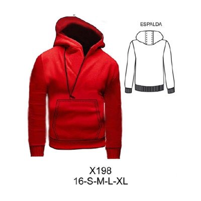 X198 - Molde de Polerón varón con gorro, bolsillo canguro y cierre X198 - Molde de Polerón varón con gorro, bolsillo canguro y cierre