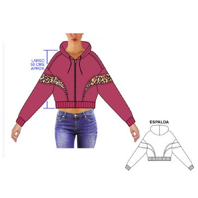 X244 - Molde de Polerón corto estilo oversize con gorro, cortes en mangas, delantero y espalda