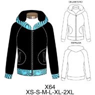 X64 - Molde de Polerón manga raglan con aplicación en malla o lycra en pretina, puños y gorro