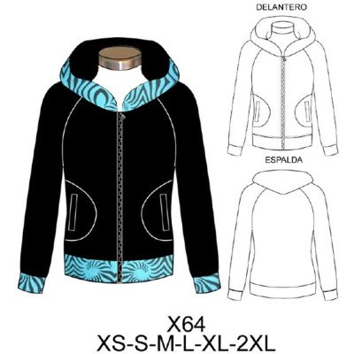 X64 - Molde de Polerón manga raglan con aplicación en malla o lycra en pretina, puños y gorro X64 - Molde de Polerón manga raglan con aplicación en malla o lycra en pretina, puños y gorro