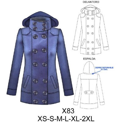 X83 - Molde de Chaquetón polar cruzado pretina ancha y gorro desmontable (largo ref X83 - Molde de Chaquetón polar cruzado pretina ancha y gorro desmontable (largo ref