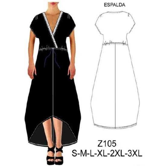 Z105 - Molde de Vestido escote v cruzado, faldón asimétrico Z105 - Molde de Vestido escote v cruzado, faldón asimétrico