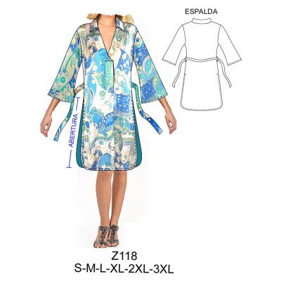 Z118 - Molde de Vestido manga campana 3/4 con aberturas laterales hasta media cadera Z118 - Molde de Vestido manga campana 3/4 con aberturas laterales hasta media cadera