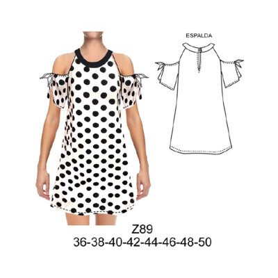 Z89 - Molde de Vestido sin hombros, manga con amarra, semi evase, holgado Z89 - Molde de Vestido sin hombros, manga con amarra, semi evase, holgado