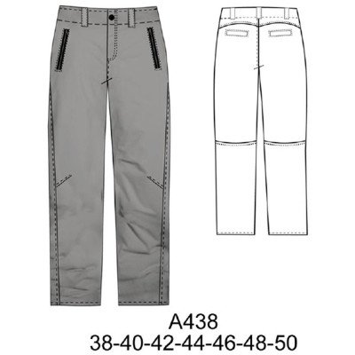 A438 - Molde de Pantalón largo recto con cintura de pasadores, bragueta frontal, bolsillos laterales y falsos bolsillos traseros de vivo A438 - Molde de Pantalón largo recto con cintura de pasadores, bragueta frontal, bolsillos laterales y falsos bolsillos traseros de vivo