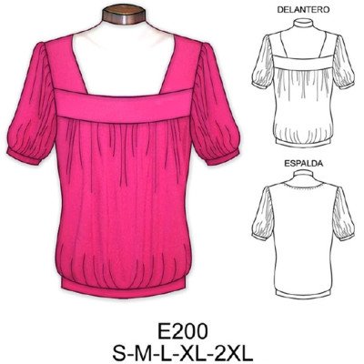 E200 - Molde de Polera con corte sobre busto y recogido en delantero y manga,