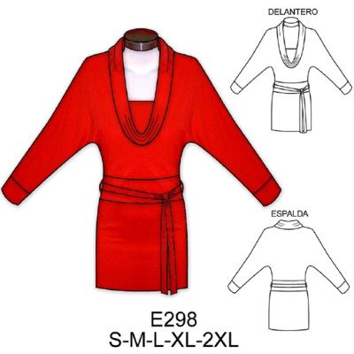 E298 - Molde de Polera larga con cuello drapeado manga kimono E298 - Molde de Polera larga con cuello drapeado manga kimono