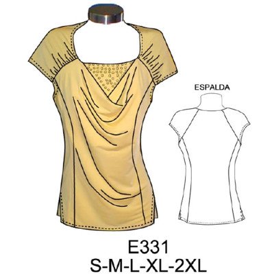 E331 - Molde de Polera dama media manga, corte princesa, delantero drapeado con falso interior E331 - Molde de Polera dama media manga, corte princesa, delantero drapeado con falso interior