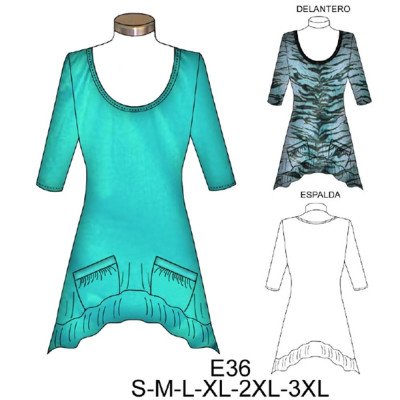 E36 - Molde de Mini vestido escote redondo con vuelos y bolsillos E36 - Molde de Mini vestido escote redondo con vuelos y bolsillos