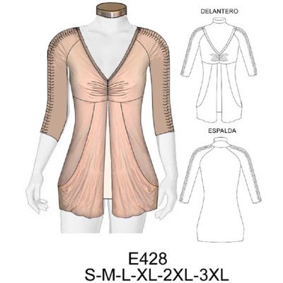 E428 - Molde de Polera manga reglan ¾ con recogido central (opción manga corta) E428 - Molde de Polera manga reglan ¾ con recogido central (opción manga corta)