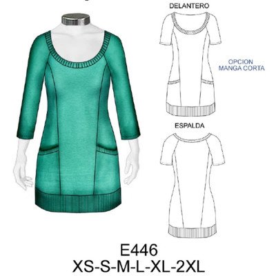 E446 - Molde de Polera manga raglan escotada con bolsillos largo 80 cms E446 - Molde de Polera manga raglan escotada con bolsillos largo 80 cms