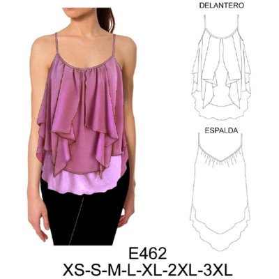 E462 - Molde de Polera de tirantes finos con escote redondo fruncido, doble capa con vuelos frontales asimétricos, espalda fruncida en el escote y bajo escalonado