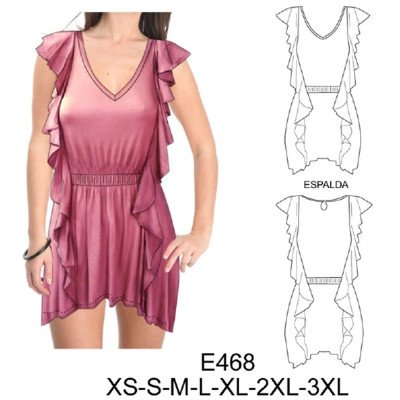 E468 - Molde de Minivestido con elástico en cintura vuelos laterales E468 - Molde de Minivestido con elástico en cintura vuelos laterales