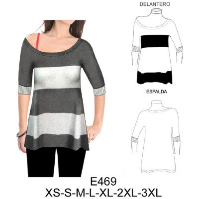E469 - Molde de Polera escotada, manga 3/4 murciélago E469 - Molde de Polera escotada, manga 3/4 murciélago