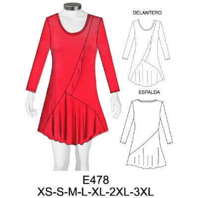E478 - Molde de Minivestido asimétrico con vuelos en delantero y espalda, largo 85 cms E478 - Molde de Minivestido asimétrico con vuelos en delantero y espalda, largo 85 cms