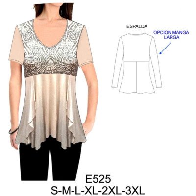 E525 - Molde de Polera corte bajo busto, con faldón cruzado evase E525 - Molde de Polera corte bajo busto, con faldón cruzado evase