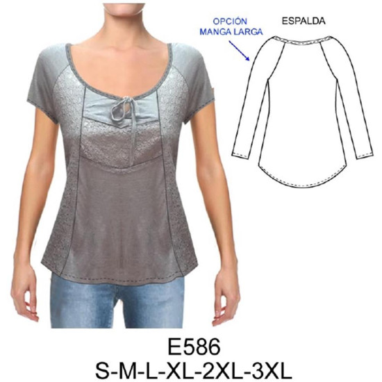 E586 - Molde de Polera manga raglan escotada con aplicación en encaje