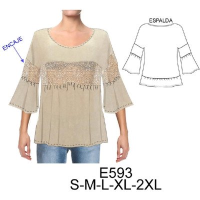 E593 - Molde de Polera con aplicación de encaje y fondo de gasa, faldón y manga recogido E593 - Molde de Polera con aplicación de encaje y fondo de gasa, faldón y manga recogido