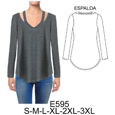 E595 - Molde de Polera manga larga con abertura en escote E595 - Molde de Polera manga larga con abertura en escote