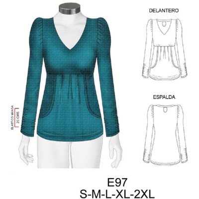 E97 - Molde de Polera escote v con bolsillo plisado, manga globo