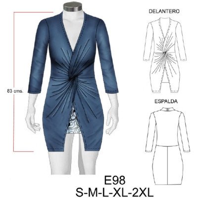 E98 - Molde de Polera escote cruzado con nudo y falso interior, manga larga E98 - Molde de Polera escote cruzado con nudo y falso interior, manga larga