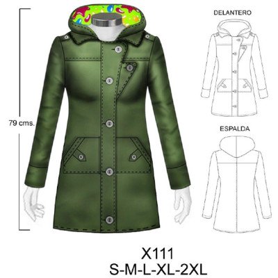 X111 - Molde de Chaquetón largo con bolsillo canguro con cuello y gorro X111 - Molde de Chaquetón largo con bolsillo canguro con cuello y gorro