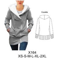 X164 - Molde de Polerón largo con cierre central, capucha, bolsillos laterales en costura, mangas largas con puño y pretina ancha en basta