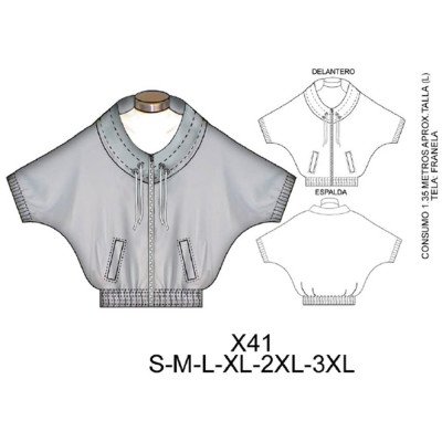 X41 - Molde de Chaqueta cuello alto con doble cordón tipo kimono con elástico X41 - Molde de Chaqueta cuello alto con doble cordón tipo kimono con elástico