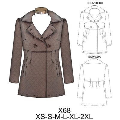 X68 - Molde de Chaquetón cruzado cuello redondo con corte bajo busto X68 - Molde de Chaquetón cruzado cuello redondo con corte bajo busto