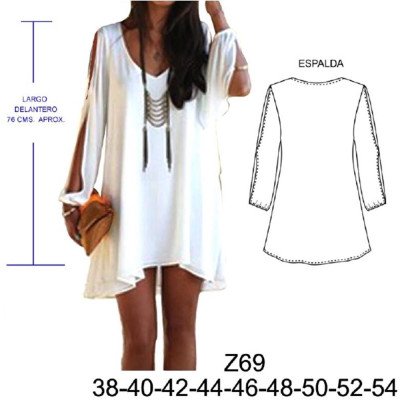 Z69 - Molde de Mini vestido, mangas con aberturas, ruedo evase asimétrico Z69 - Molde de Mini vestido, mangas con aberturas, ruedo evase asimétrico