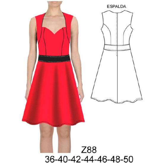 Z88 - Molde de Vestido escote corazón, faldón estilo retro